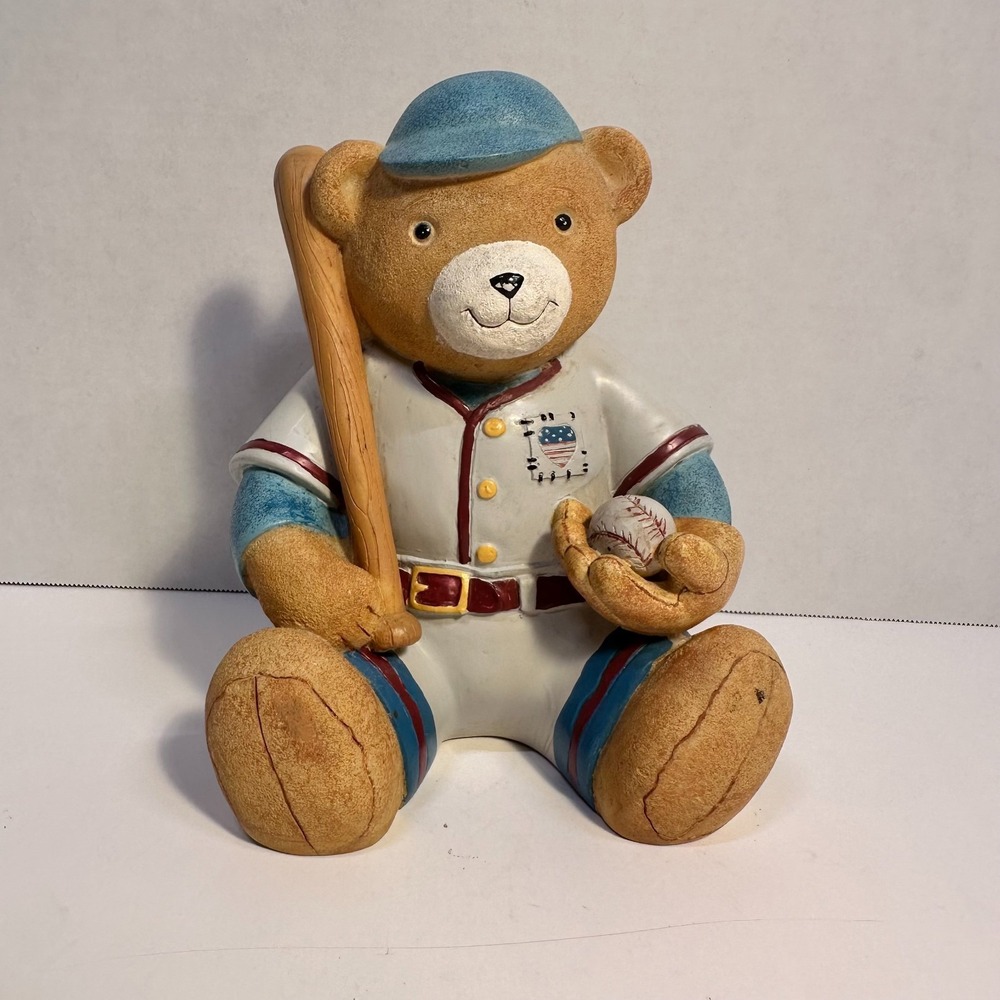 VINTAGE Baseball Teddy Bear Ceramic Coin Bank Bat Ball American Flag